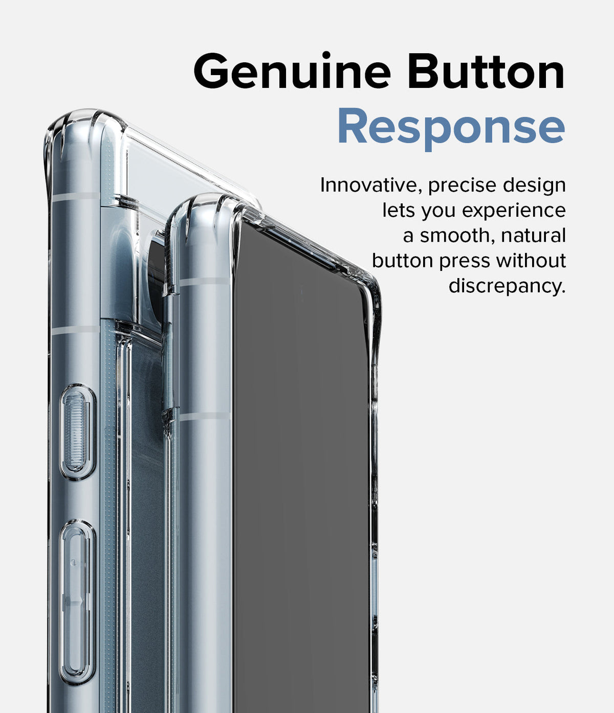 Google Pixel 7a Case | Fusion Matte - Close-up of a clear phone case highlighting responsive, tactile side buttons.