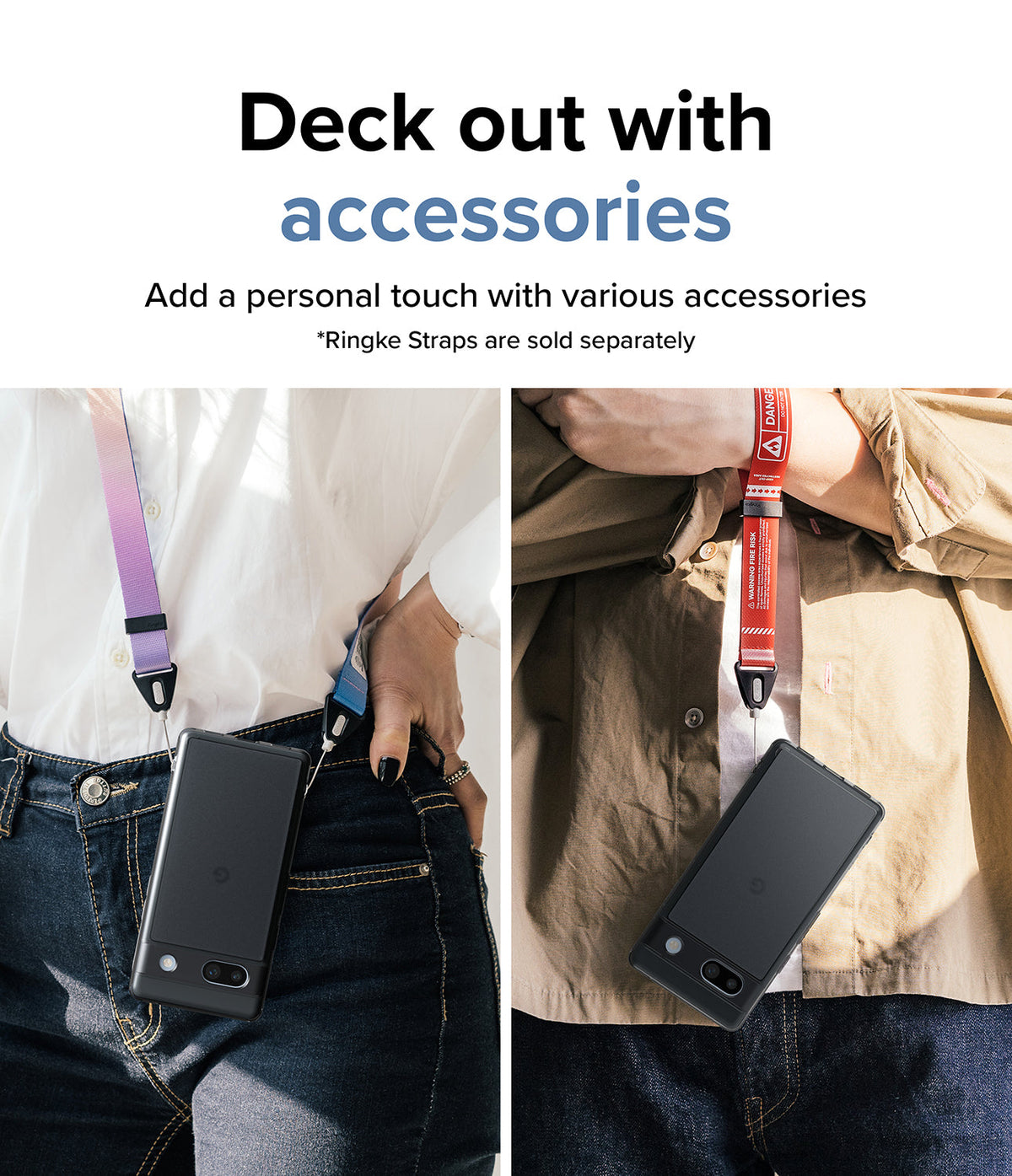 Google Pixel 7a Case | Fusion Matte - Two people wearing black phone cases on colorful wrist and neck straps.
