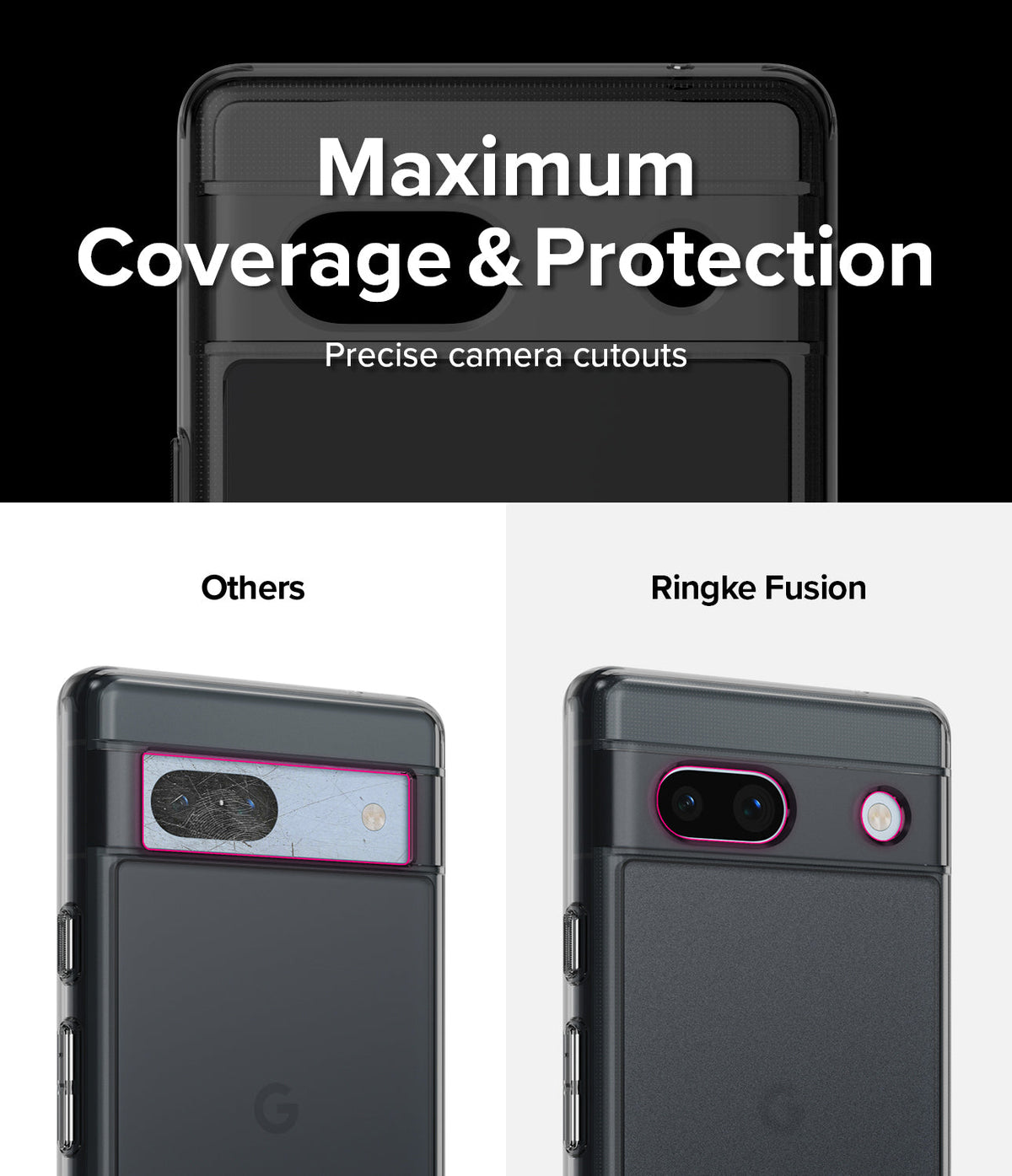 Google Pixel 7a Case | Fusion Matte - Comparison showing Ringke Fusion case with precise camera cutouts versus others.
