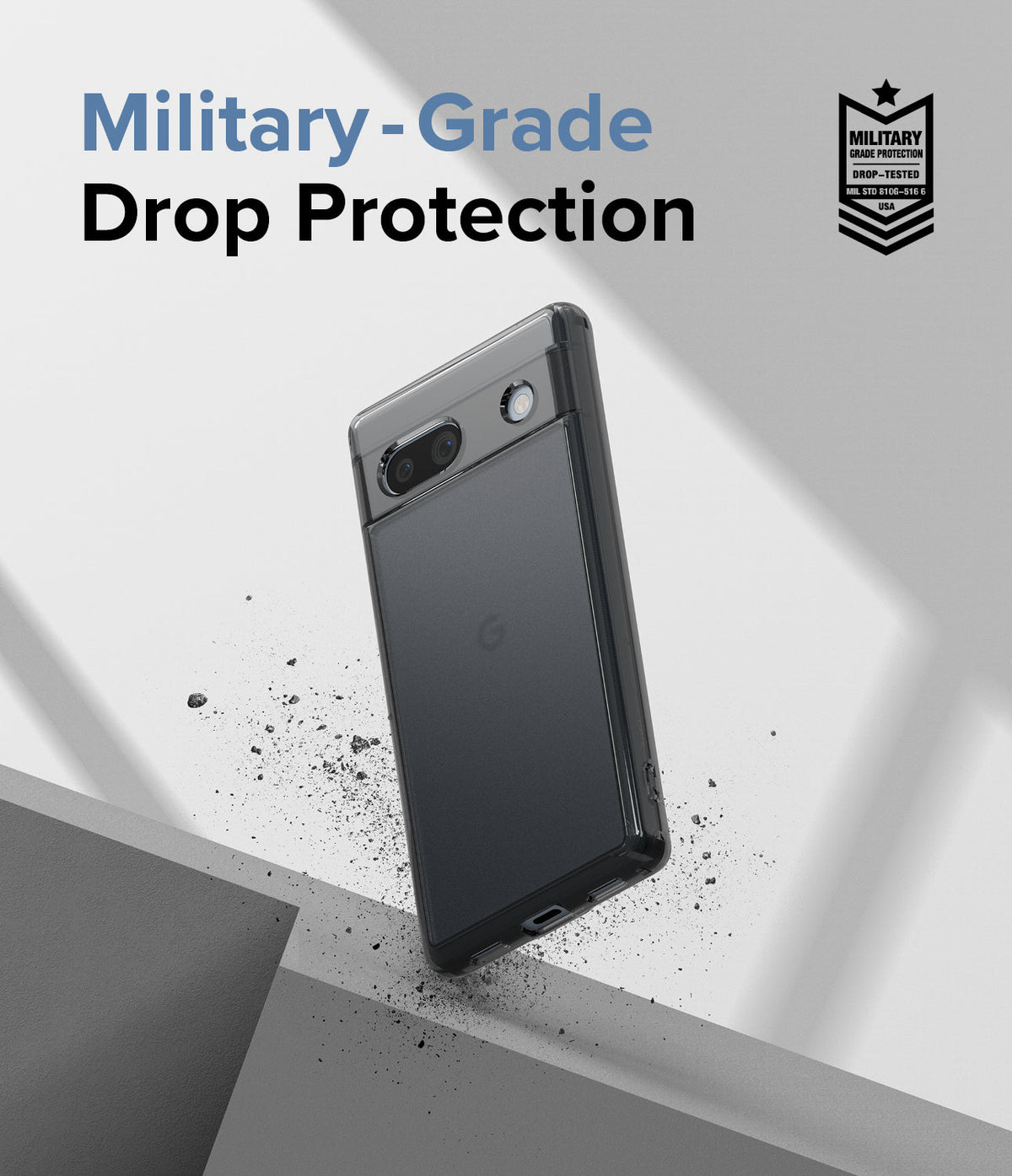 Google Pixel 7a Case | Fusion Matte - Matte black phone case floating above a ledge with military-grade drop protection.