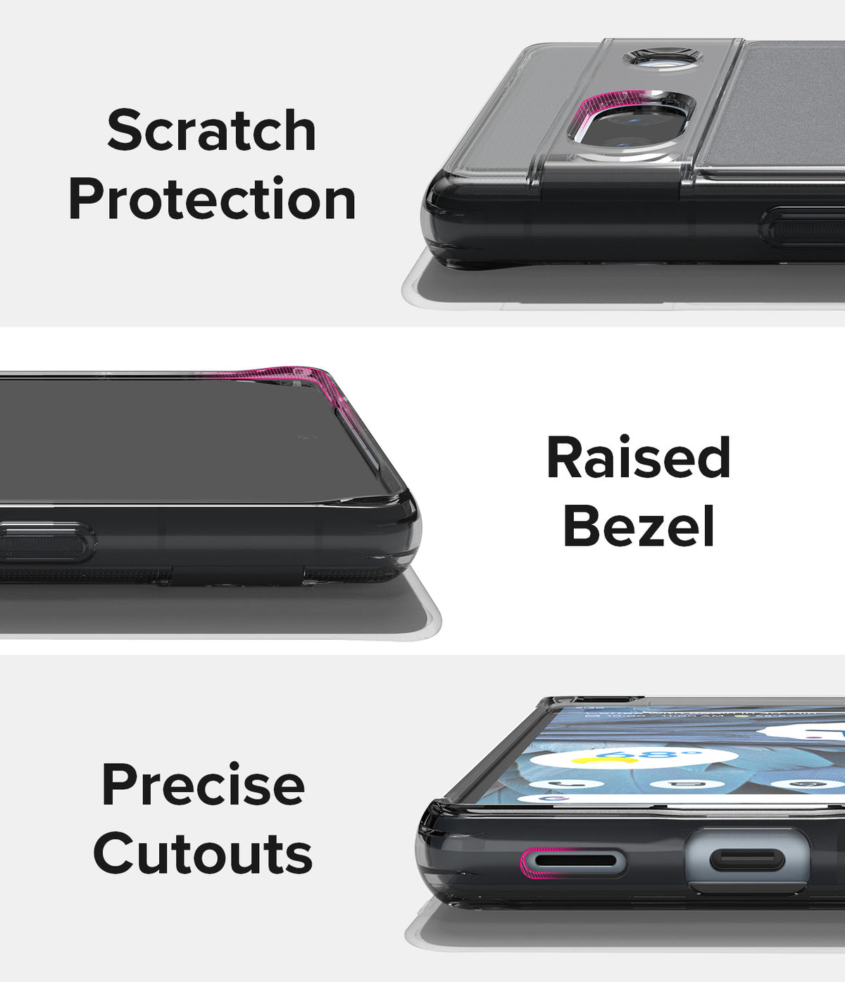 Google Pixel 7a Case | Fusion Matte - Close-ups showing camera scratch protection, raised screen bezels, and port cutouts.