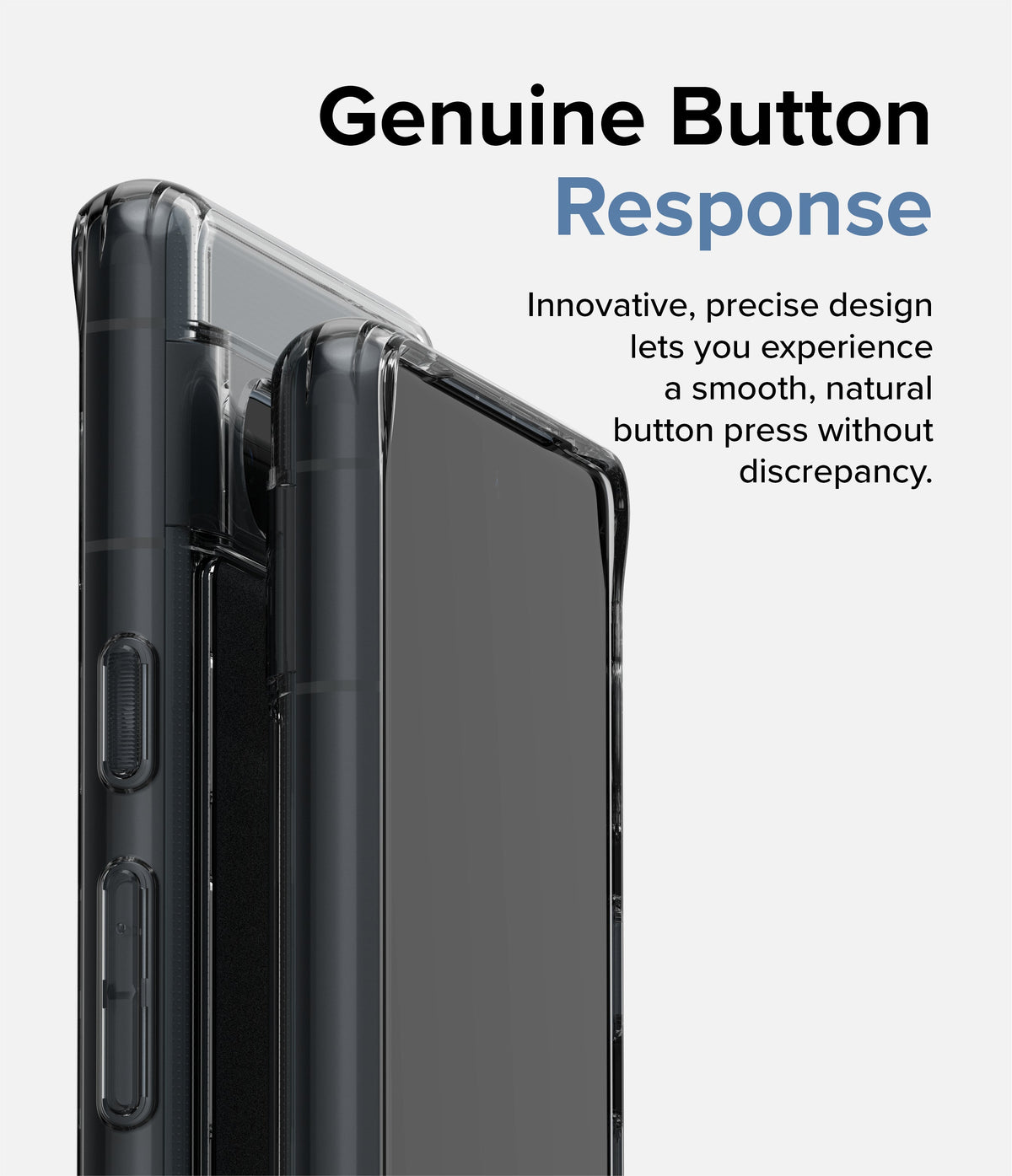 Google Pixel 7a Case | Fusion Matte - Close-up of a smartphone in a clear matte case highlighting tactile side buttons.
