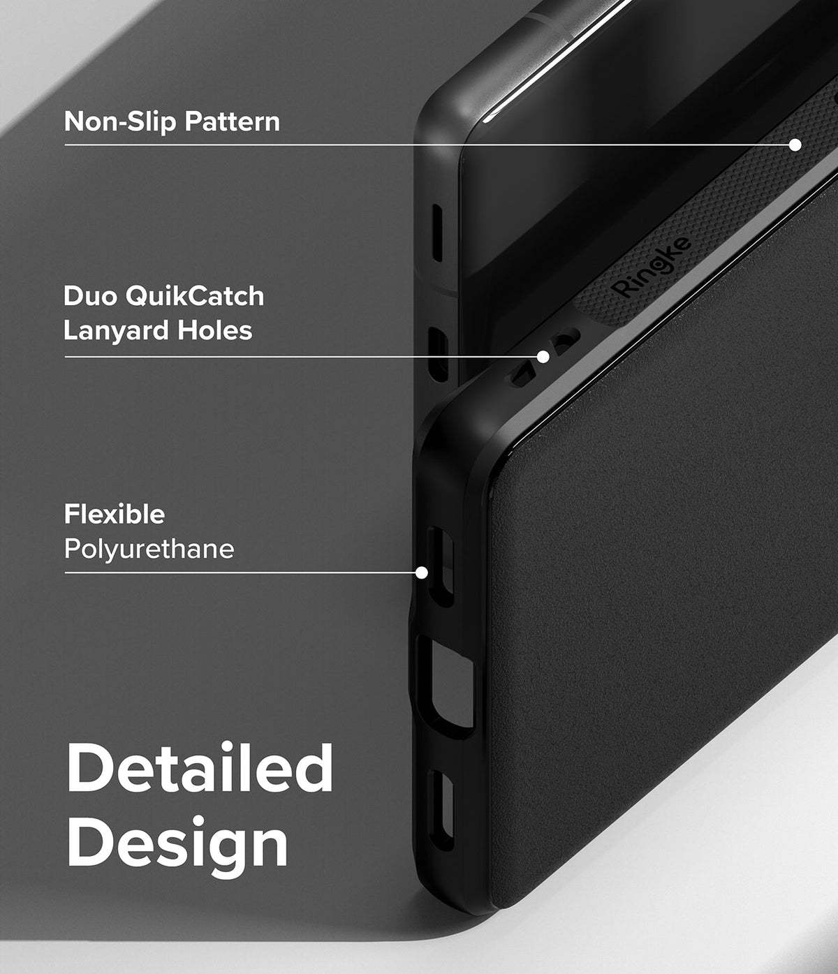 Google Pixel 7a Case | Onyx - Close-up of black phone case highlighting non-slip texture, lanyard holes, and flexible material.