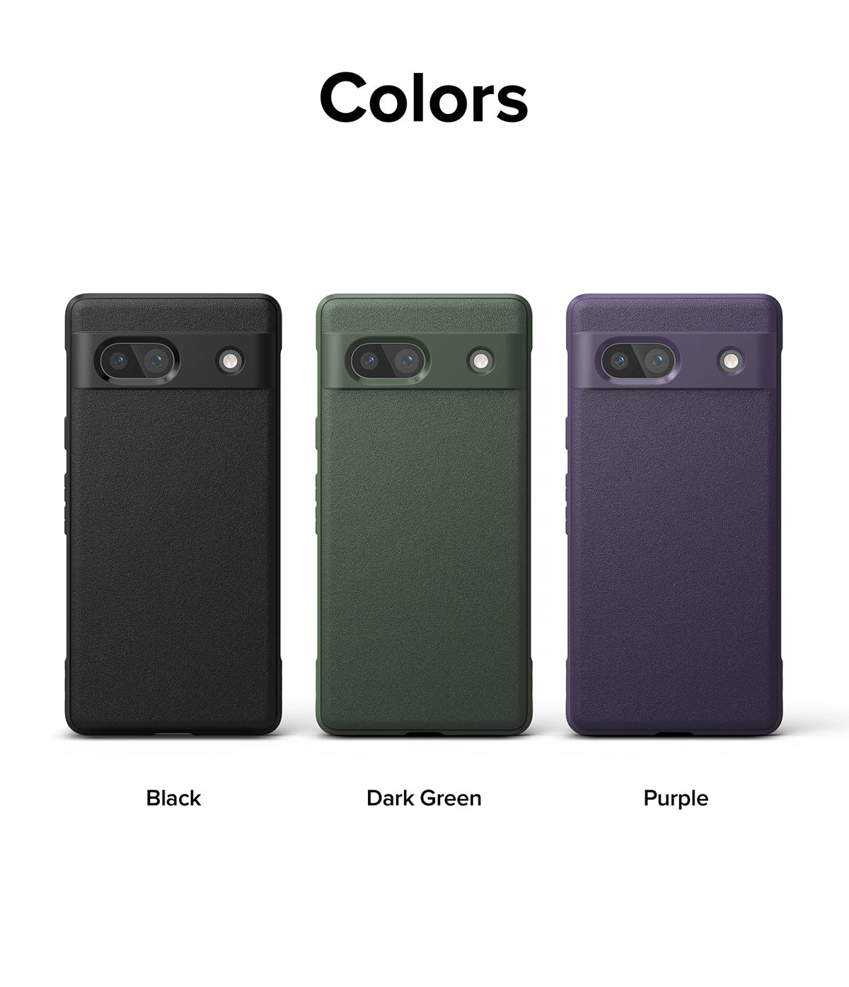 Google Pixel 7a Case | Onyx - Three textured phone cases in black, dark green, and purple arranged side-by-side.