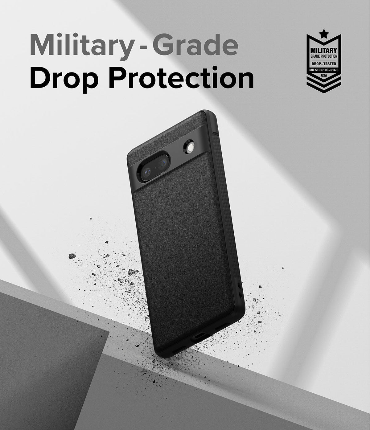 Google Pixel 7a Case | Onyx - Black textured phone case floating above a geometric surface with military-grade protection text.