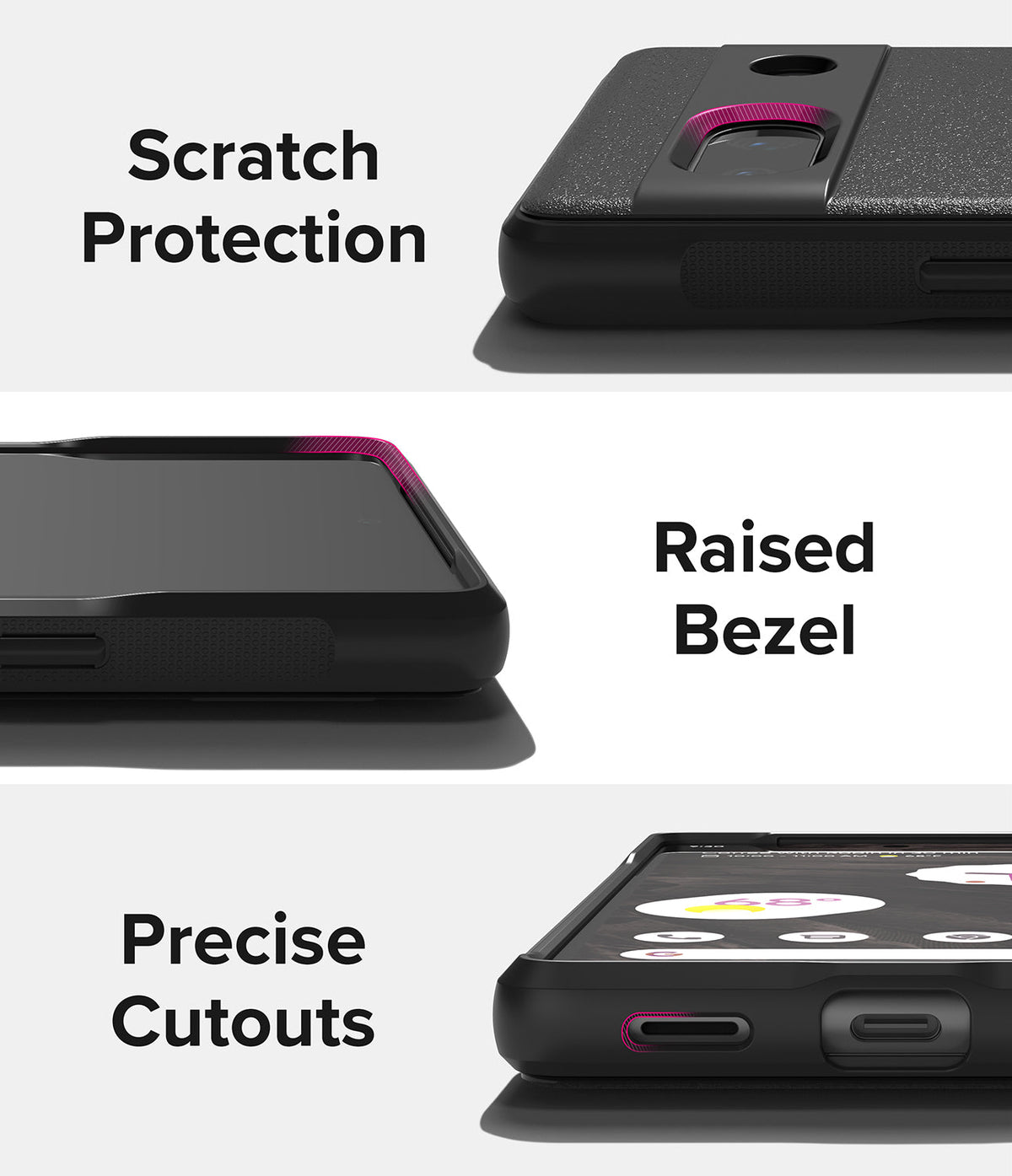 Google Pixel 7a Case | Onyx - Close-up views showing scratch protection, raised screen bezels, and precise port cutouts.