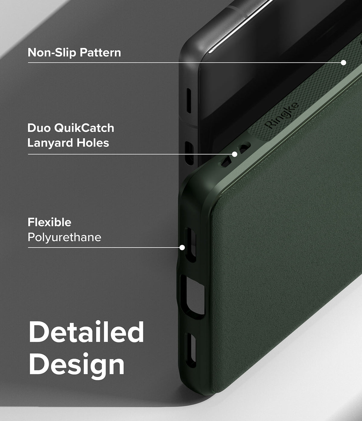 Google Pixel 7a Case | Onyx - Close-up of a dark green phone case highlighting non-slip texture, lanyard holes, and flexible material.