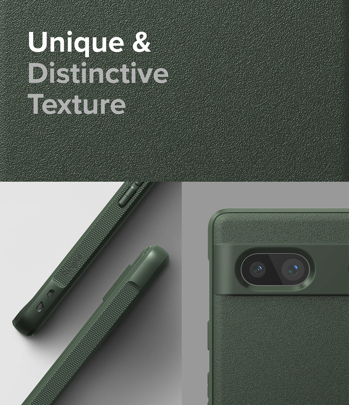 Google Pixel 7a Case | Onyx - Dark green textured phone case showing side buttons, grip details, and camera bar cutout.