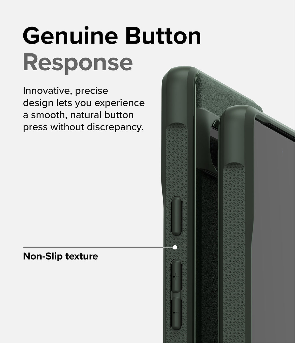 Google Pixel 7a Case | Onyx - Close-up of a dark green phone case showing tactile buttons and a textured non-slip side grip.