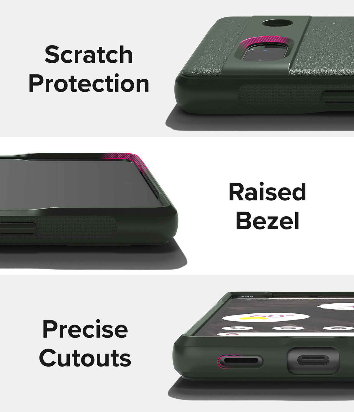 Google Pixel 7a Case | Onyx - Three close-up views highlighting scratch protection, raised screen bezels, and precise cutouts.