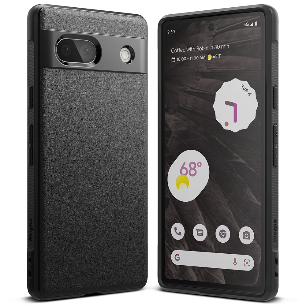 Google Pixel 7a Case | Onyx - Matte black protective phone case shown from the back and front on a Google Pixel 7a.