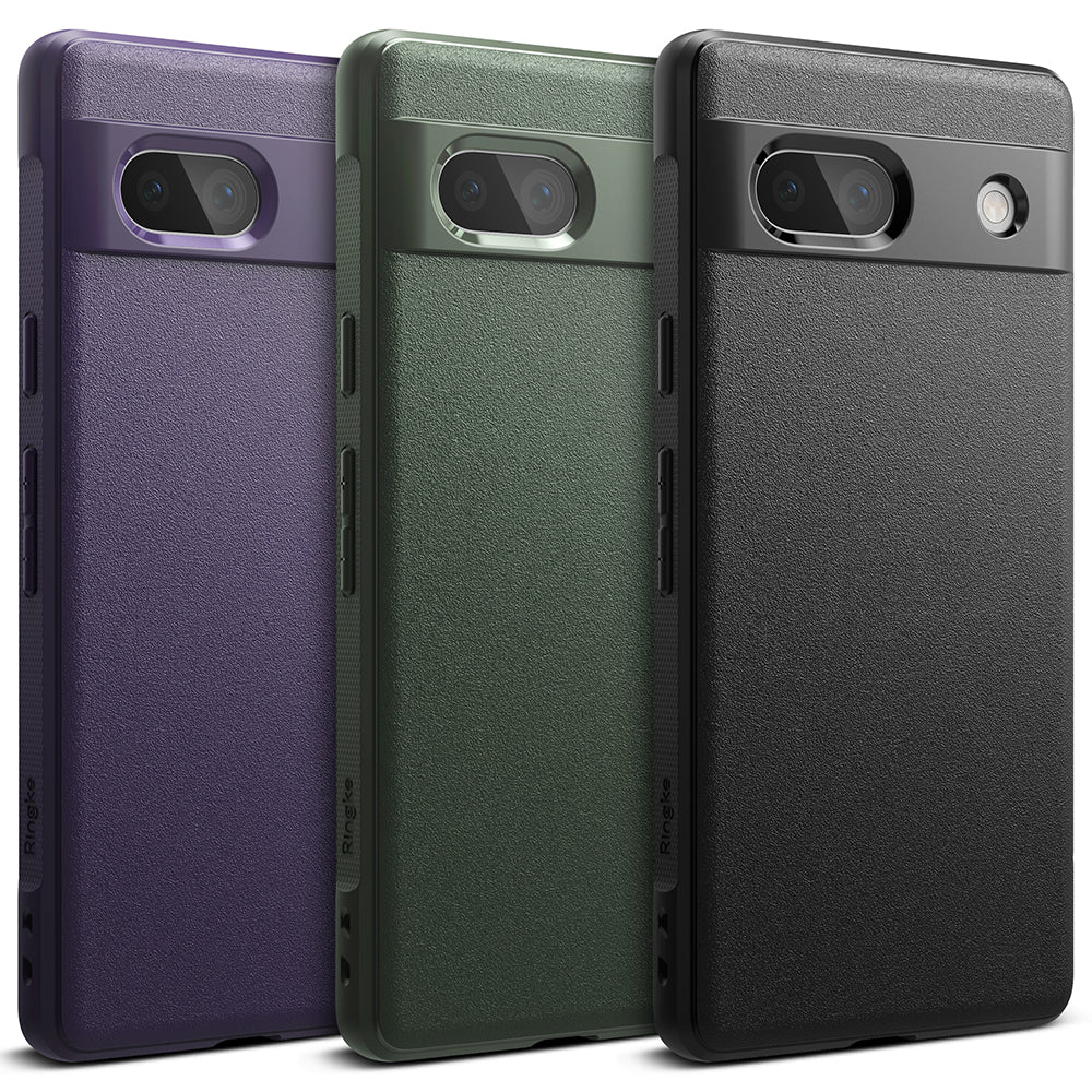 Google Pixel 7a Case | Onyx - Three textured phone cases in purple, green, and black standing side-by-side.