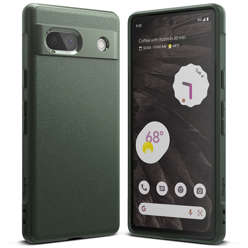 Google Pixel 7a Case | Onyx - Textured dark green phone case shown from the back and front with a smartphone screen.