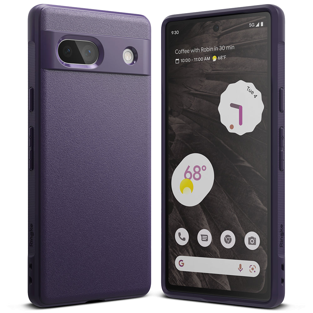 Google Pixel 7a Case | Onyx - Purple textured phone case shown from the back and front with the phone screen active.