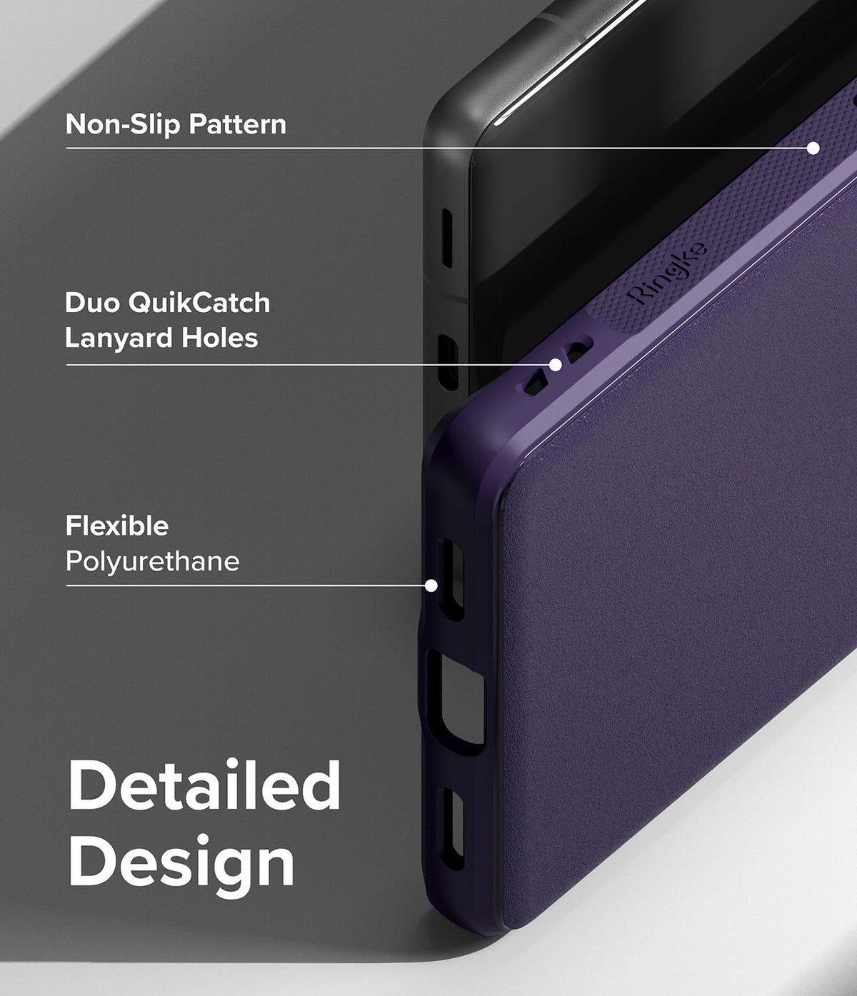 Google Pixel 7a Case | Onyx - Close-up of purple phone case highlighting non-slip texture, lanyard holes, and flexible material.