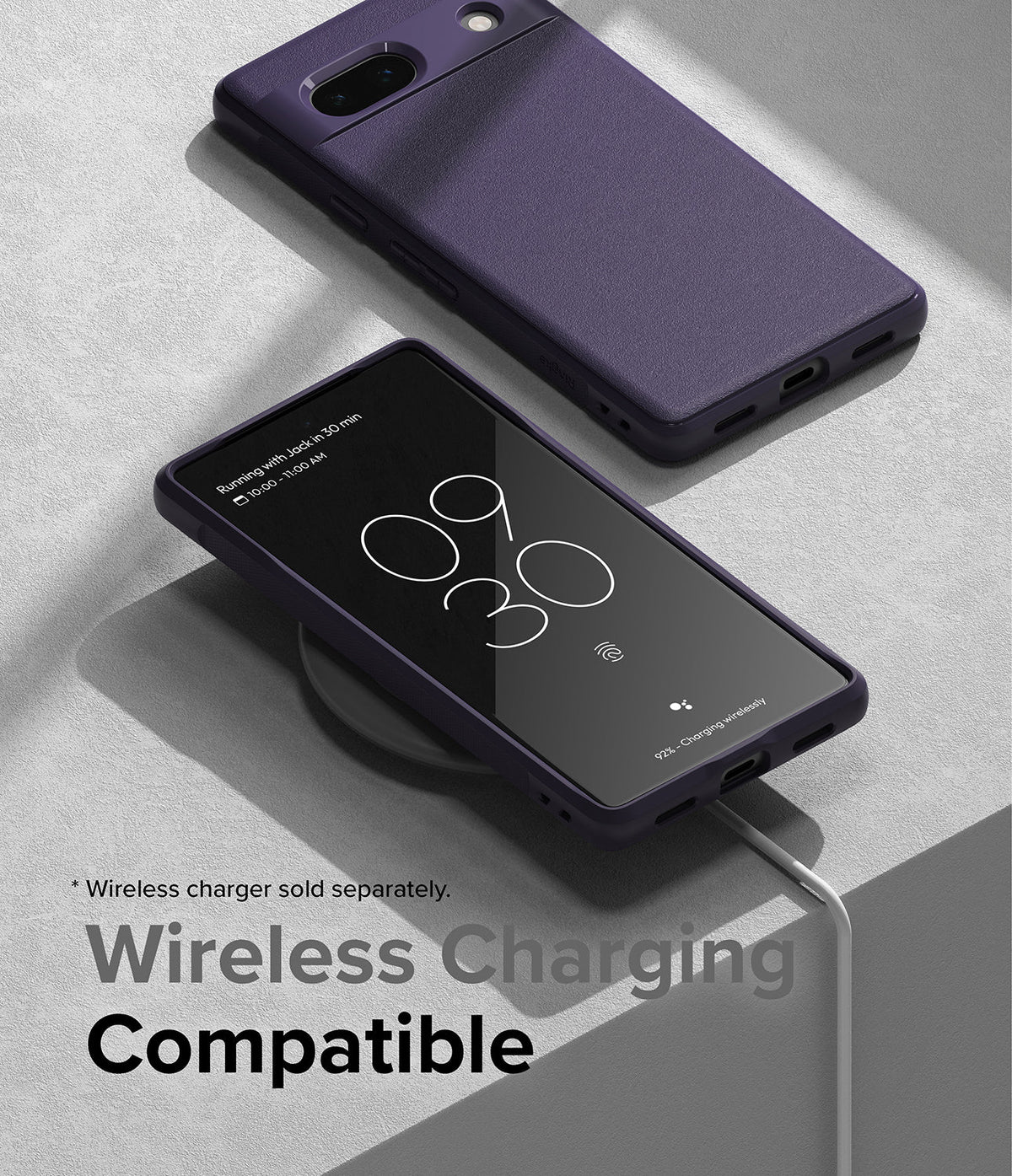 Google Pixel 7a Case | Onyx - Onyx case on a Pixel 7a, one face-up on a wireless charger, one face-down showing the back.