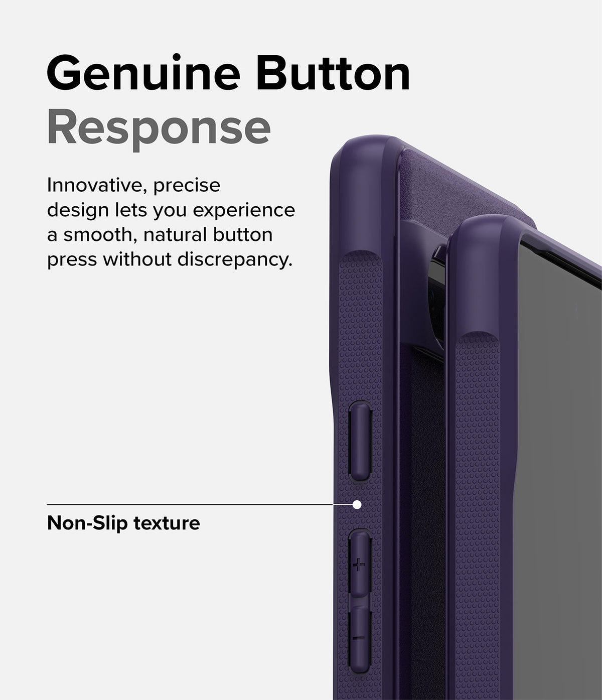 Google Pixel 7a Case | Onyx - Close-up of a dark purple phone case highlighting the tactile buttons and non-slip side texture.