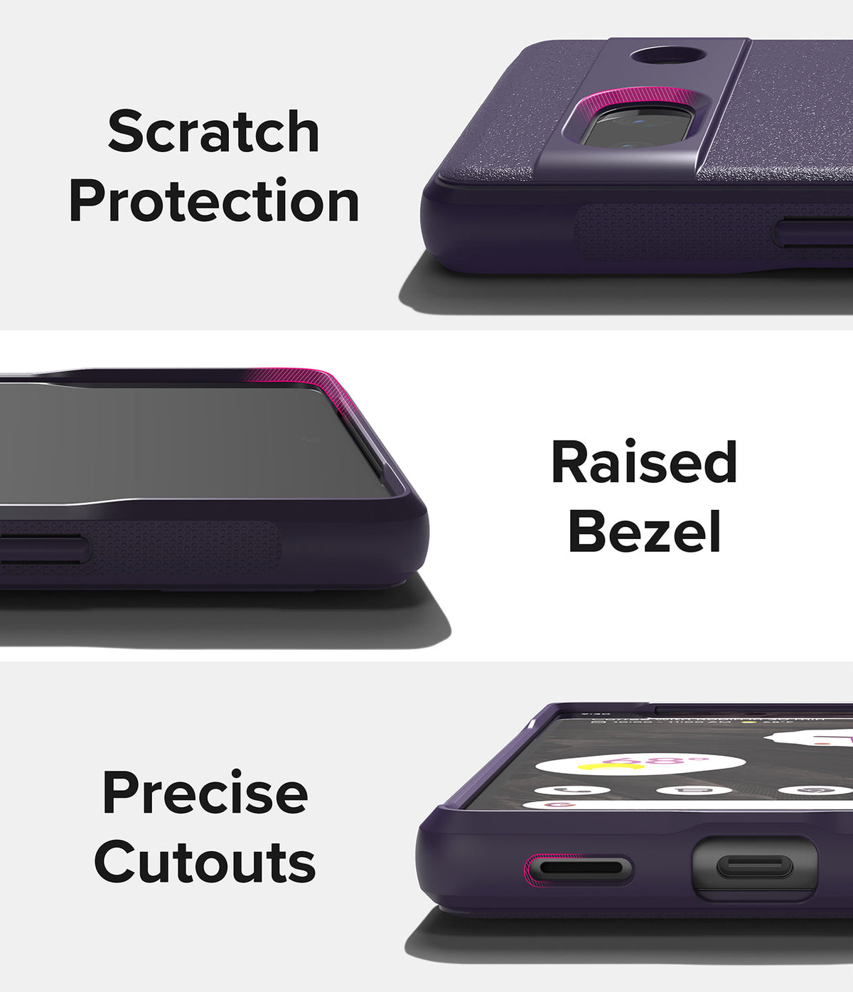 Google Pixel 7a Case | Onyx - Three close-up views highlighting scratch protection, raised screen bezels, and precise cutouts.