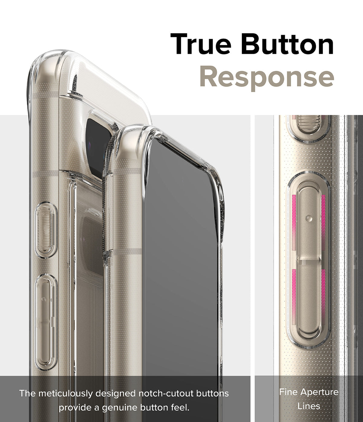 Google Pixel 8a Case | Fusion - Close-up of clear phone case buttons with notch cutouts for tactile response.