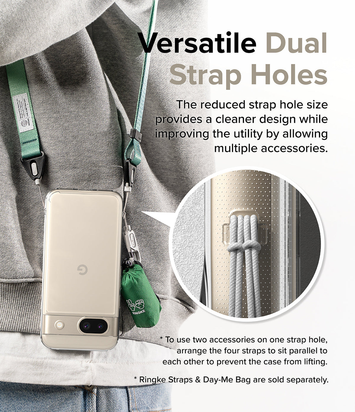 Google Pixel 8a Case | Fusion - Clear phone case with dual strap holes holding a green accessory bag and neck strap.