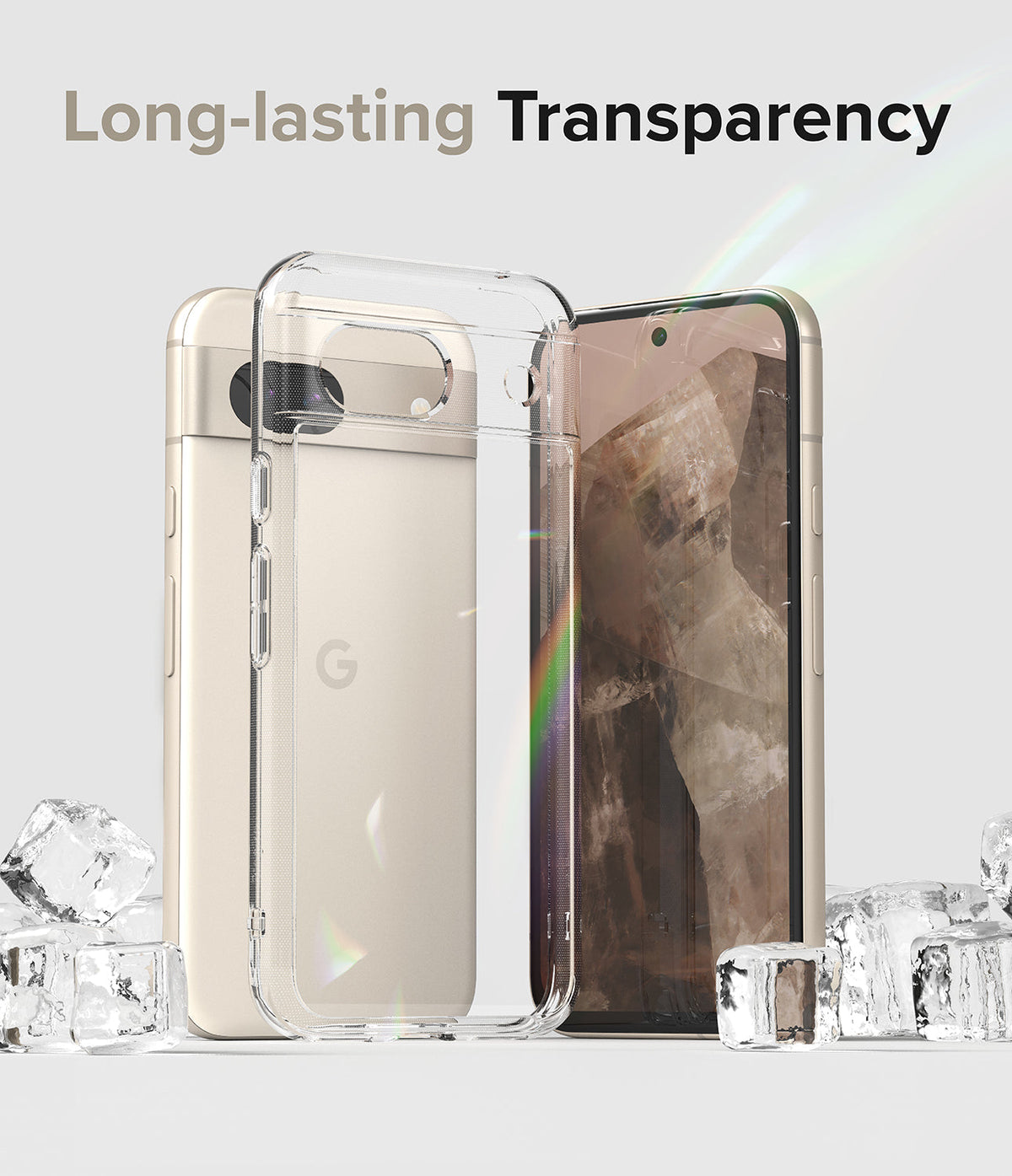 Google Pixel 8a Case | Fusion - Clear phone case standing in front of a gold smartphone surrounded by ice cubes.