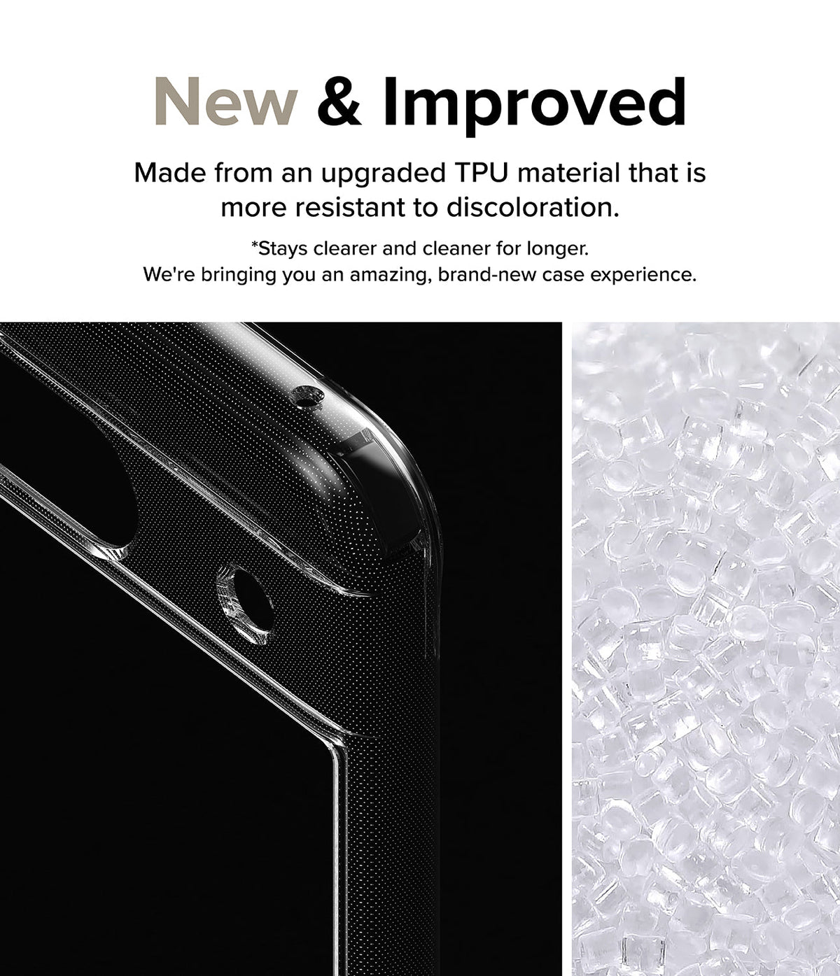 Google Pixel 8a Case | Fusion - Clear phone case corner with micro-dot texture next to a pile of raw TPU plastic pellets.