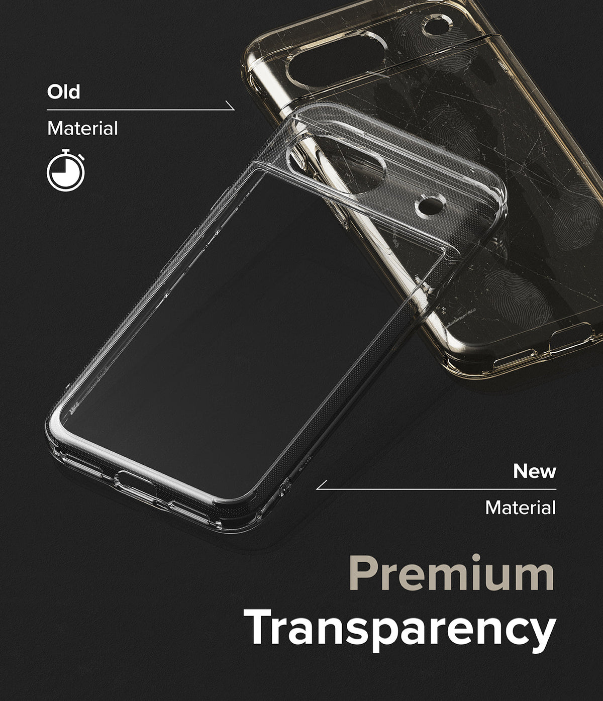 Google Pixel 8a Case | Fusion - Comparison of a yellowed old phone case and a clear new case on a black background.