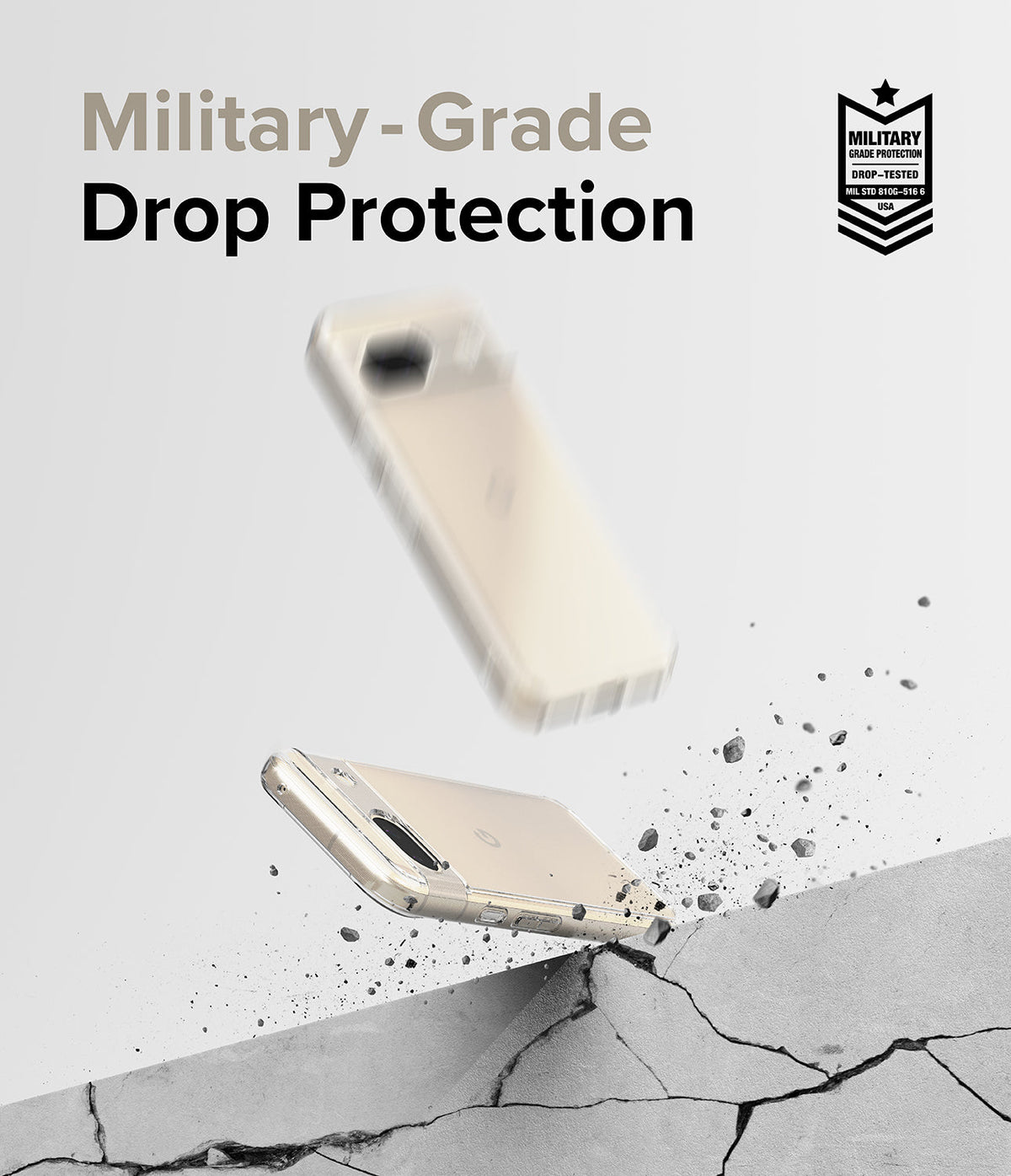 Google Pixel 8a Case | Fusion - A clear phone case bouncing off a cracked concrete surface with military-grade protection text.