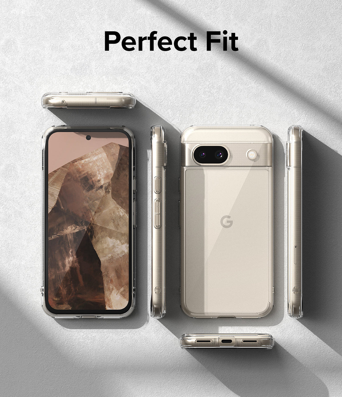 Google Pixel 8a Case | Fusion - Clear protective case shown from multiple angles on a light gray textured background.