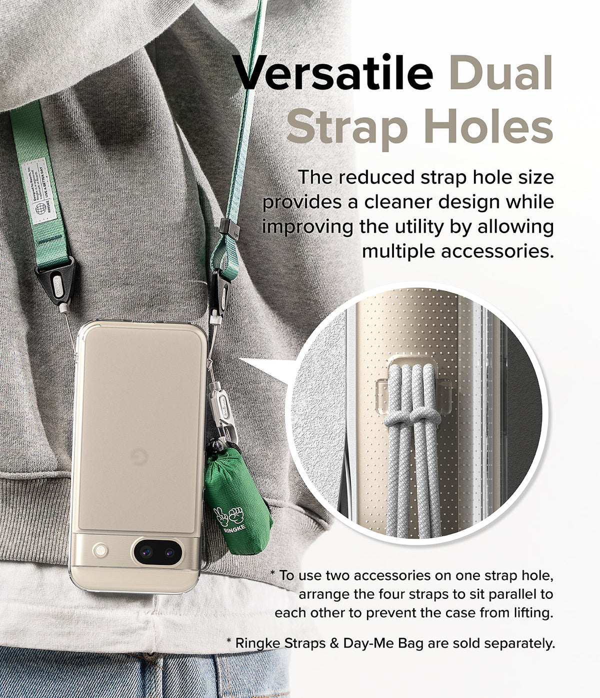 Google Pixel 8a Case | Fusion - A phone in a clear case worn with green straps, highlighting dual strap holes for accessories.