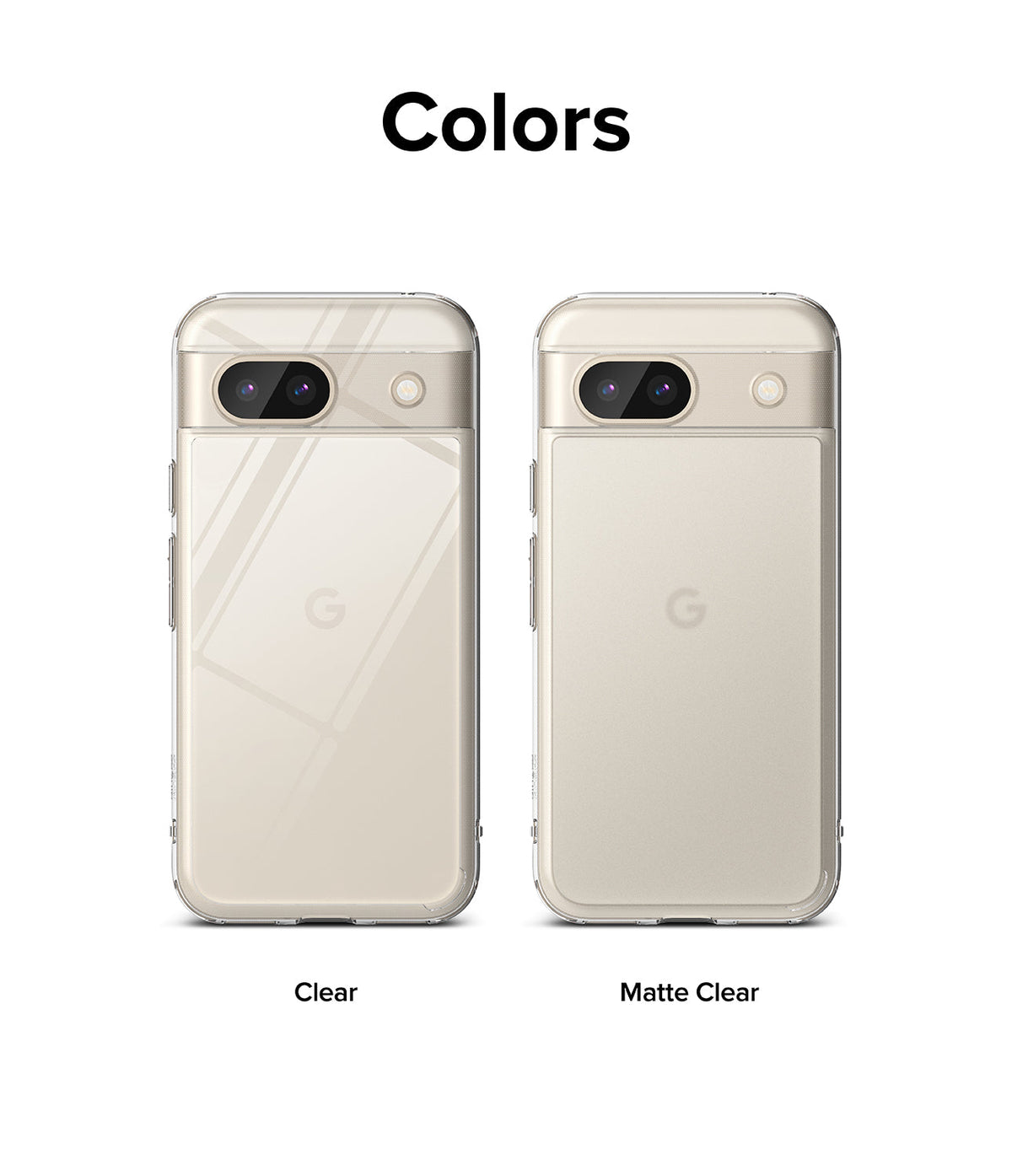 Google Pixel 8a Case | Fusion - Two Google Pixel 8a phones shown side-by-side in Clear and Matte Clear protective cases.