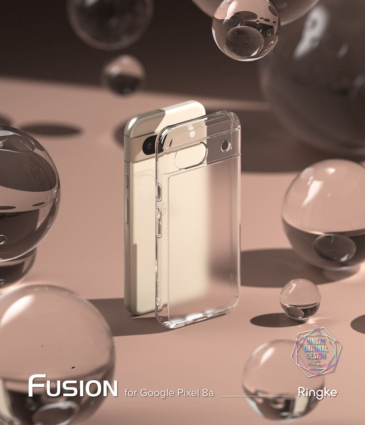 Google Pixel 8a Case | Fusion - Clear phone case standing next to a light-colored smartphone surrounded by floating glass orbs.