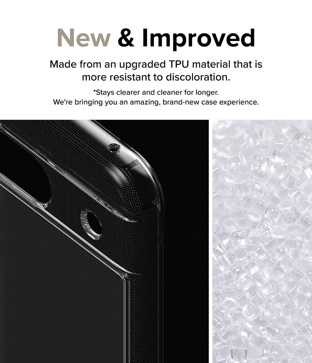 Google Pixel 8a Case | Fusion - Clear phone case corner with dot texture next to a pile of raw TPU plastic pellets.