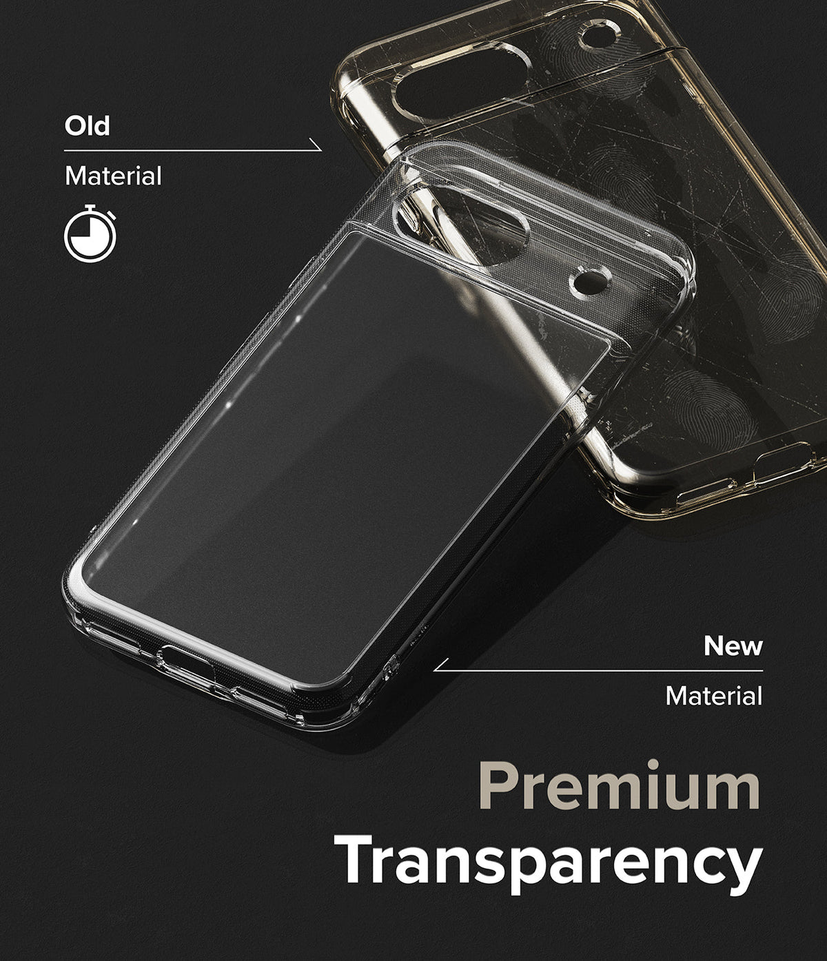 Google Pixel 8a Case | Fusion - Comparison of a yellowed, scratched old phone case and a clear, new premium case.