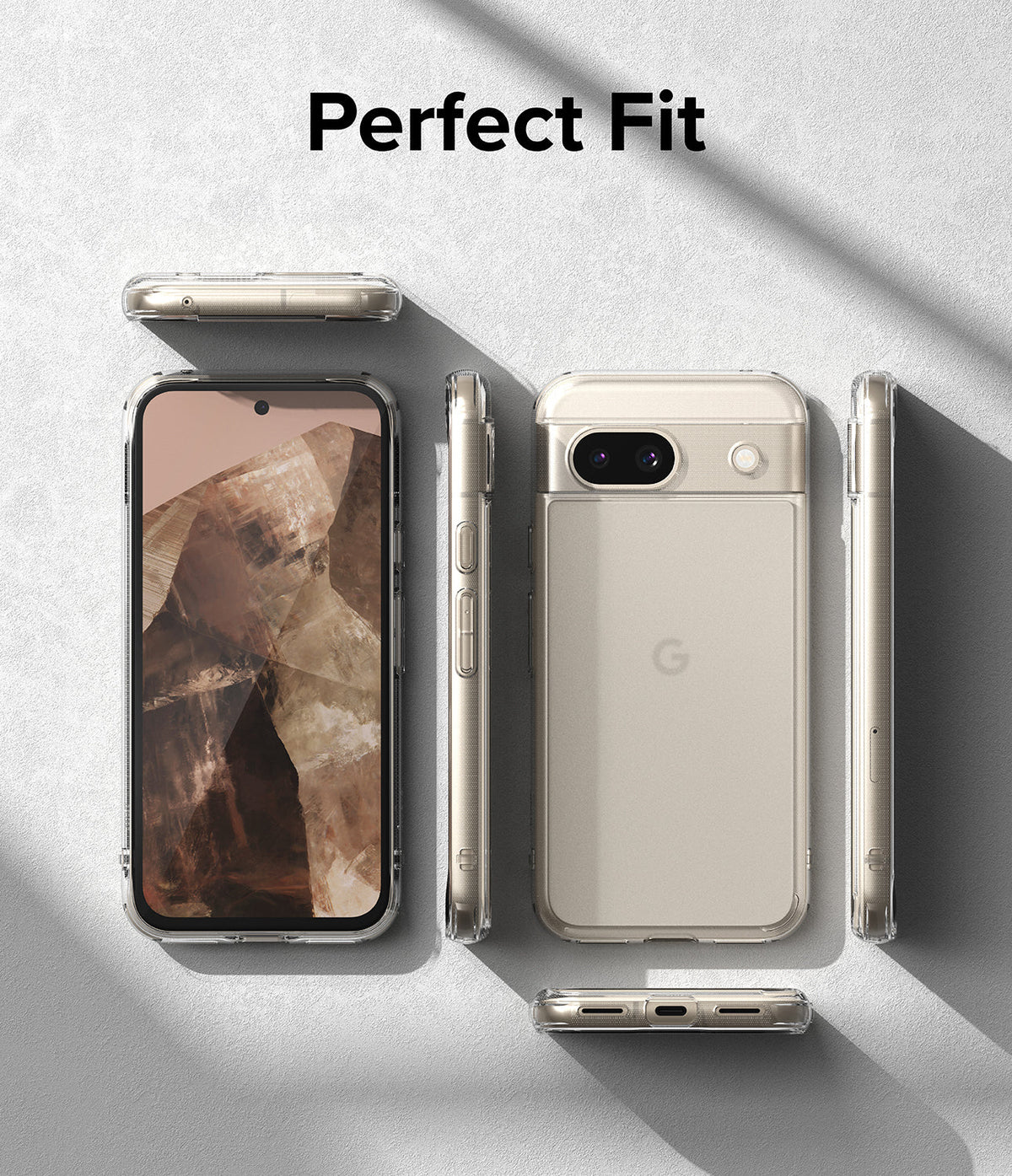 Google Pixel 8a Case | Fusion - Multiple views of a clear phone case on a Google Pixel 8a against a textured gray background.