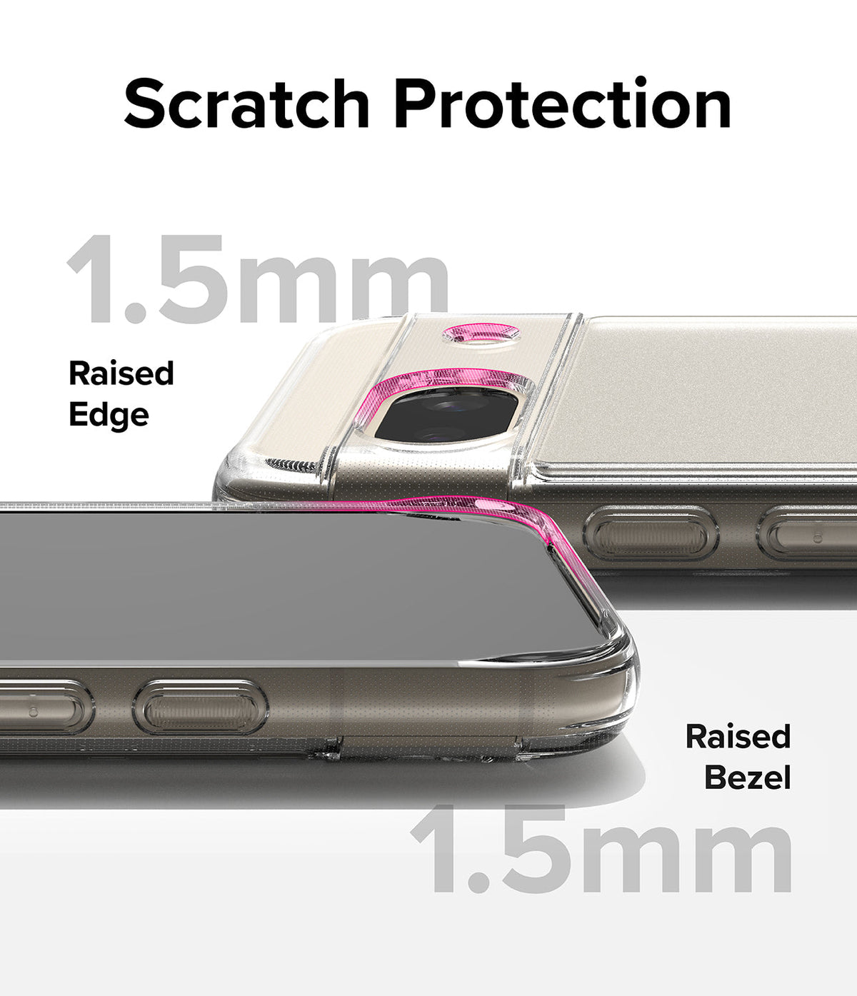 Google Pixel 8a Case | Fusion - Clear phone case showing 1.5mm raised edges and bezels for camera and screen protection.