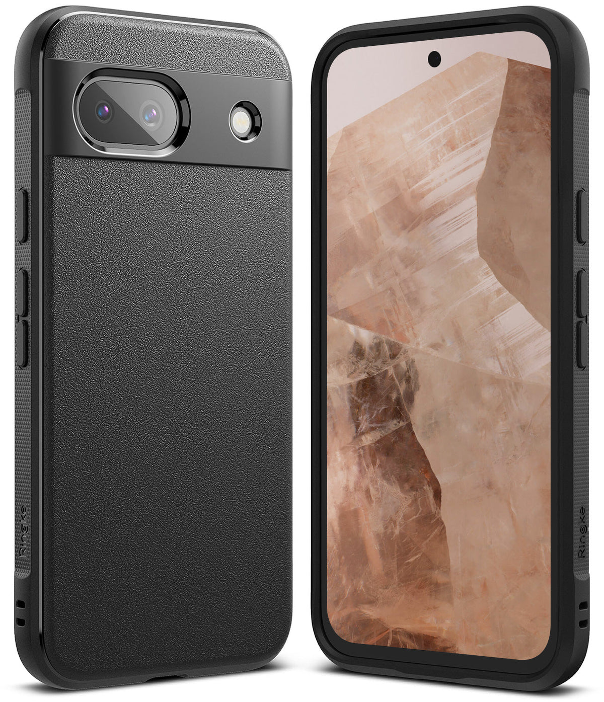 Google Pixel 8a Case | Onyx - Matte black textured phone case shown from the back and front with a crystal-patterned screen.