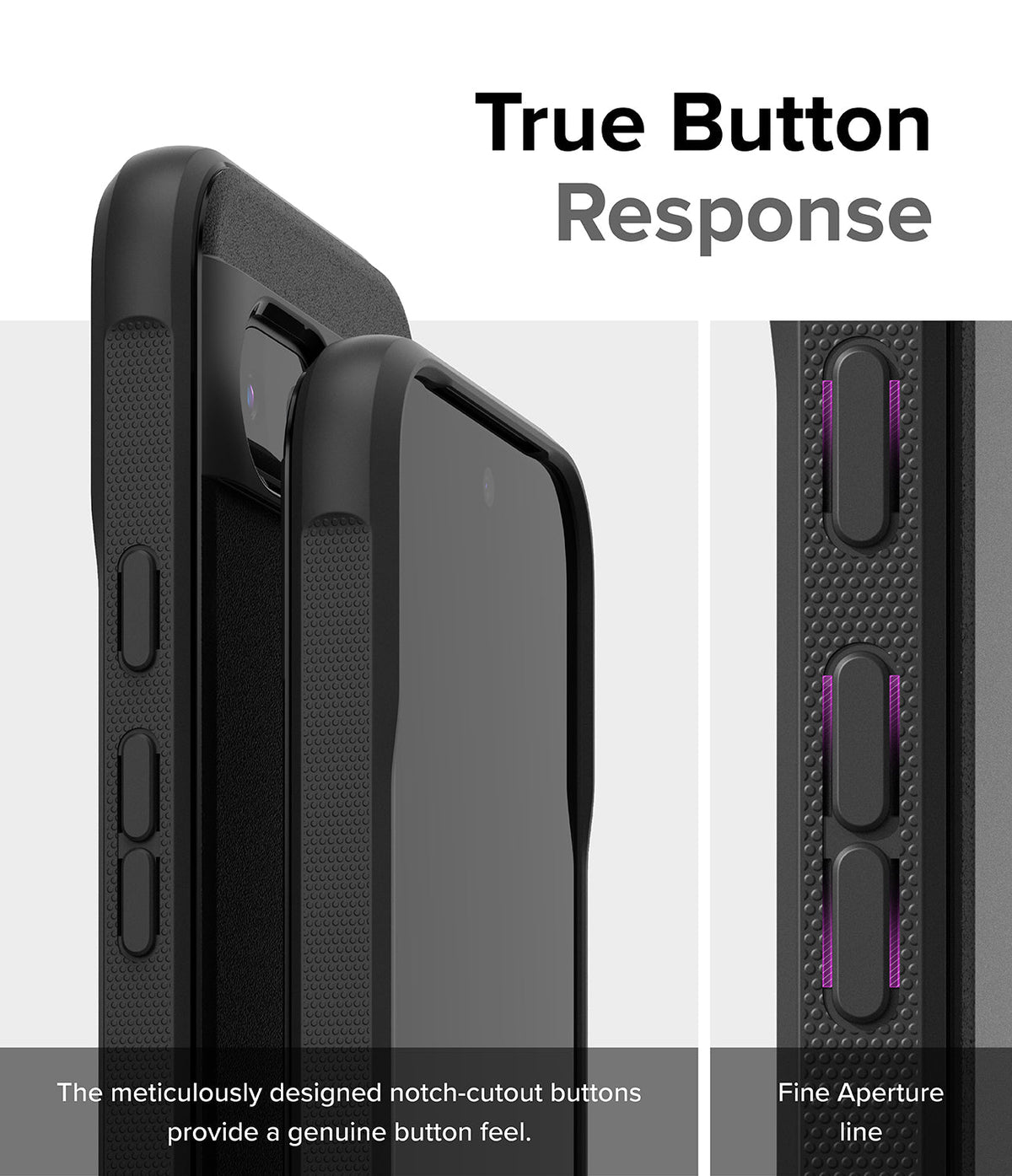 Google Pixel 8a Case | Onyx - Close-up of black phone case buttons with precise cutouts for tactile response.