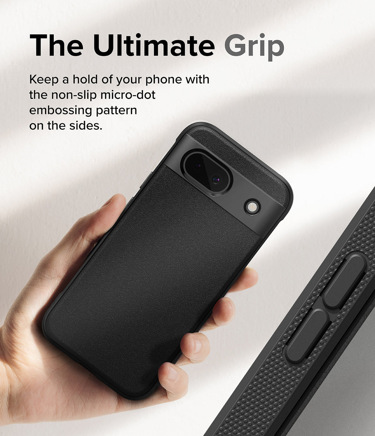 Google Pixel 8a Case | Onyx - Hand holding a black phone case with a textured back and micro-dot grip pattern on the side.