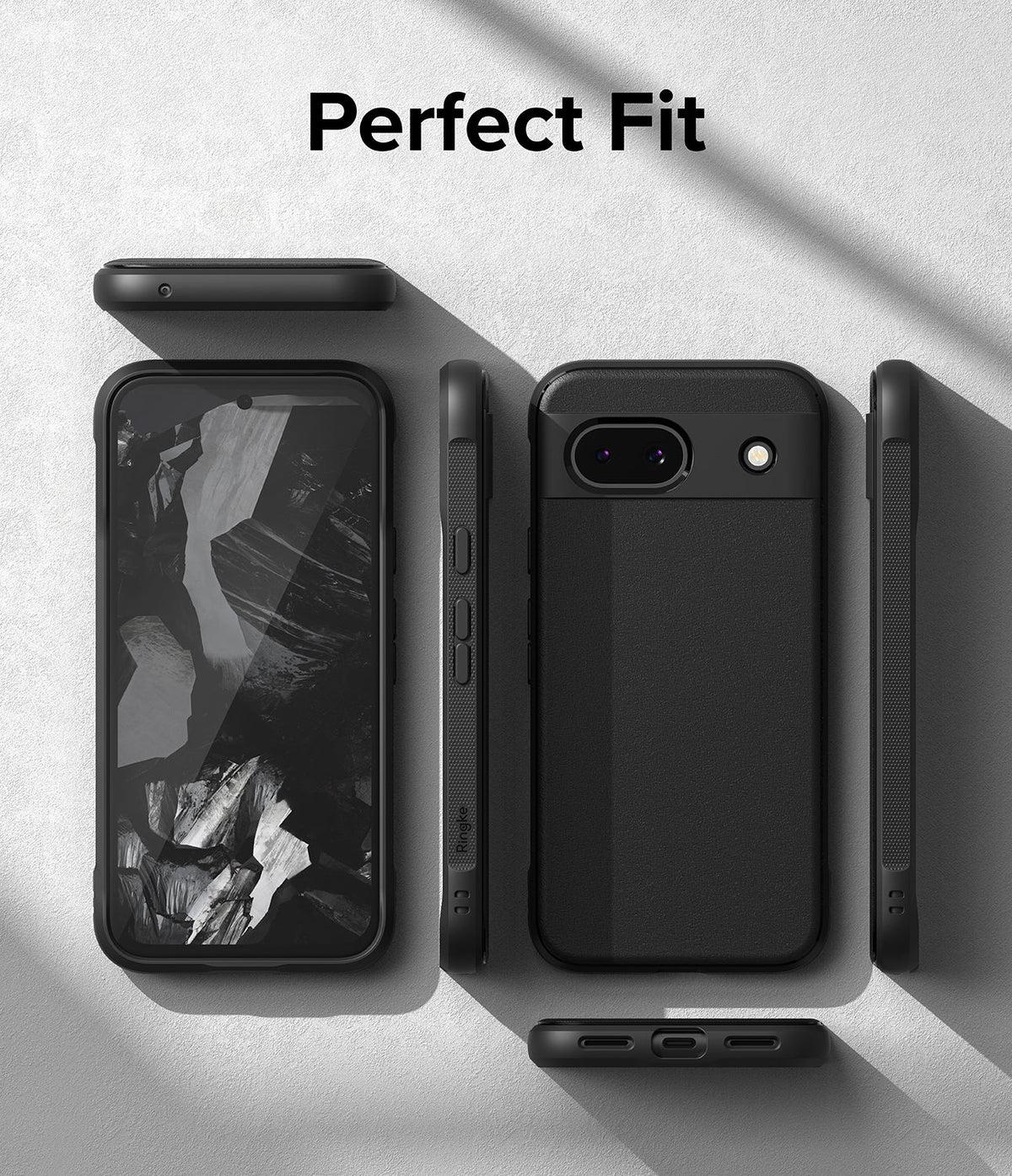 Google Pixel 8a Case | Onyx - Multiple views of a black phone case showing front, back, sides, and top/bottom ports.