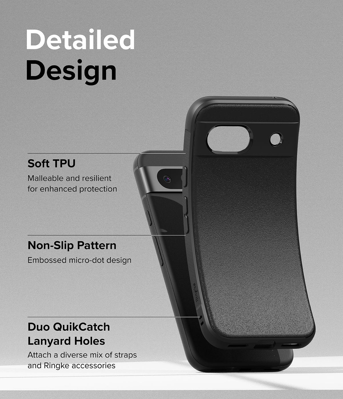 Google Pixel 8a Case | Onyx - Black phone case showing TPU material, micro-dot texture, and lanyard holes with descriptive text.