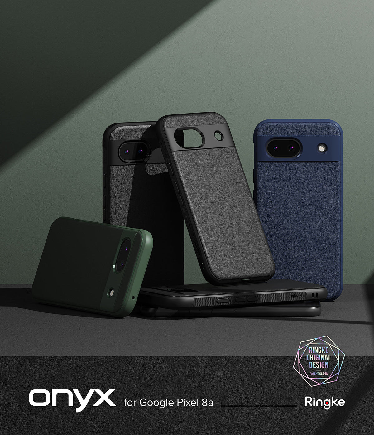 Google Pixel 8a Case | Onyx - Multiple textured Google Pixel 8a phone cases in black, blue, and green arranged on a surface.
