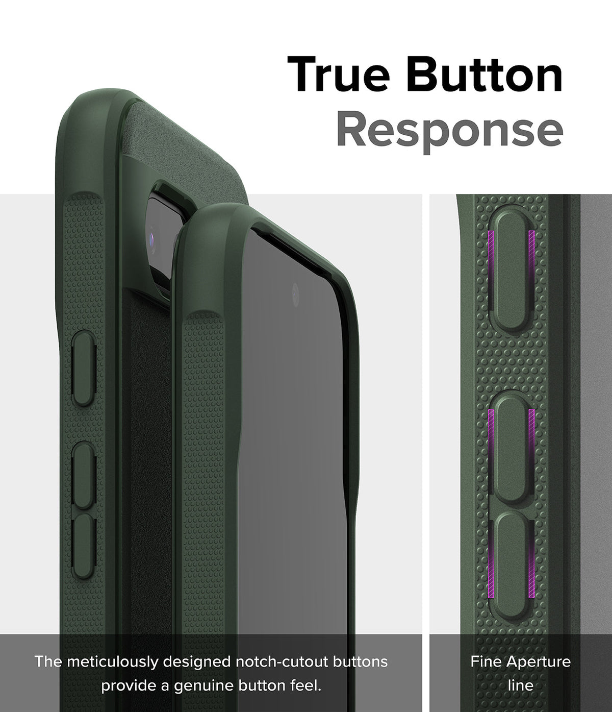 Google Pixel 8a Case | Onyx - Close-up of dark green phone case buttons with notch cutouts for tactile response.