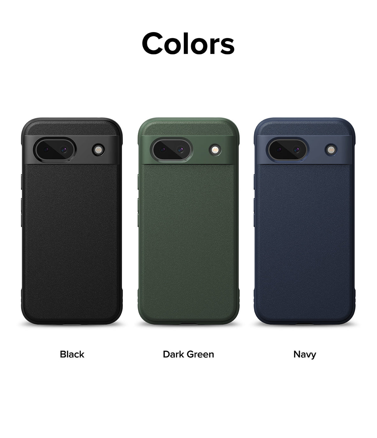 Google Pixel 8a Case | Onyx - Three phone cases in black, dark green, and navy arranged side-by-side against a white background.