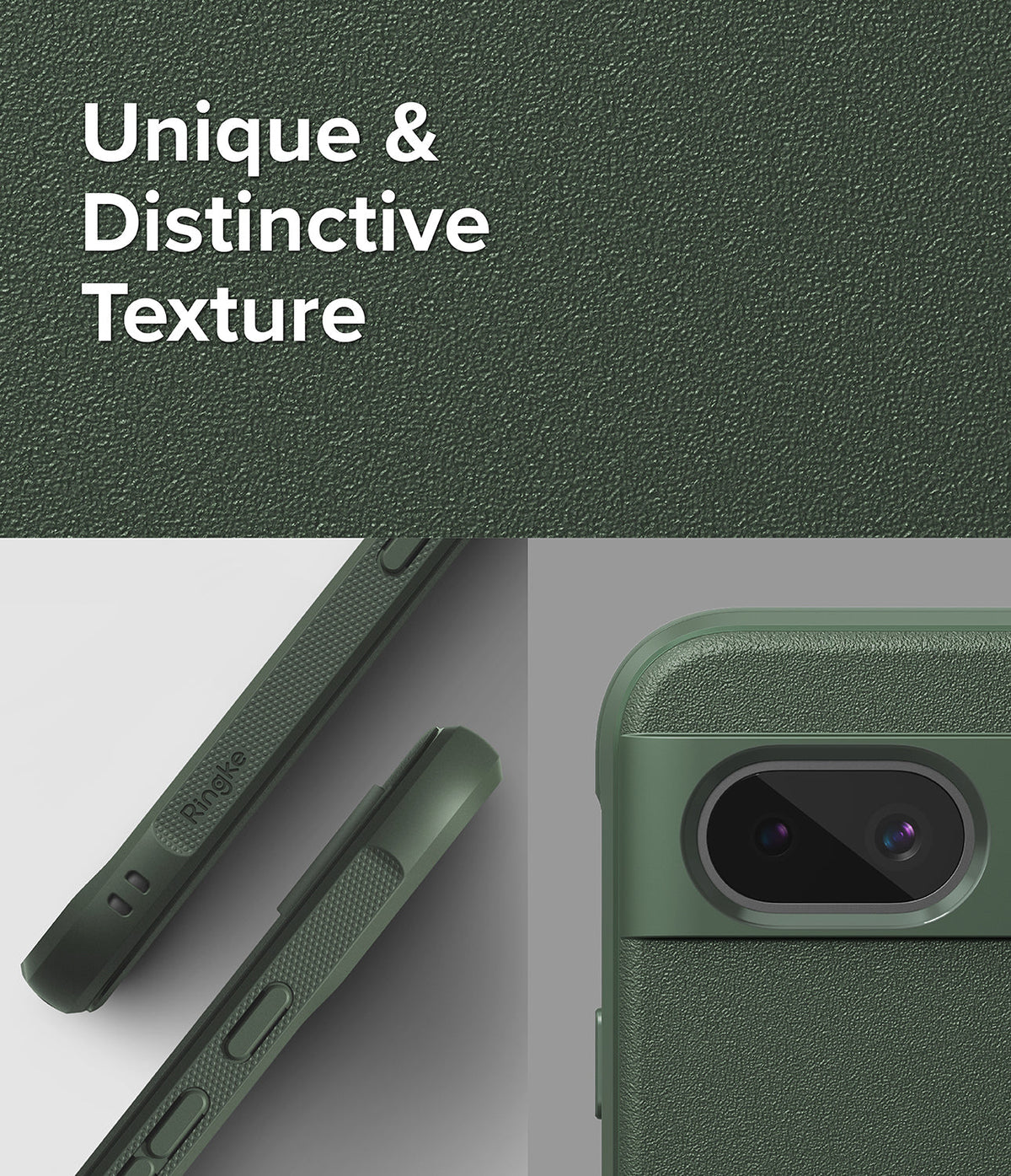 Google Pixel 8a Case | Onyx - Close-up of dark green textured phone case showing side grip details and camera cutout.