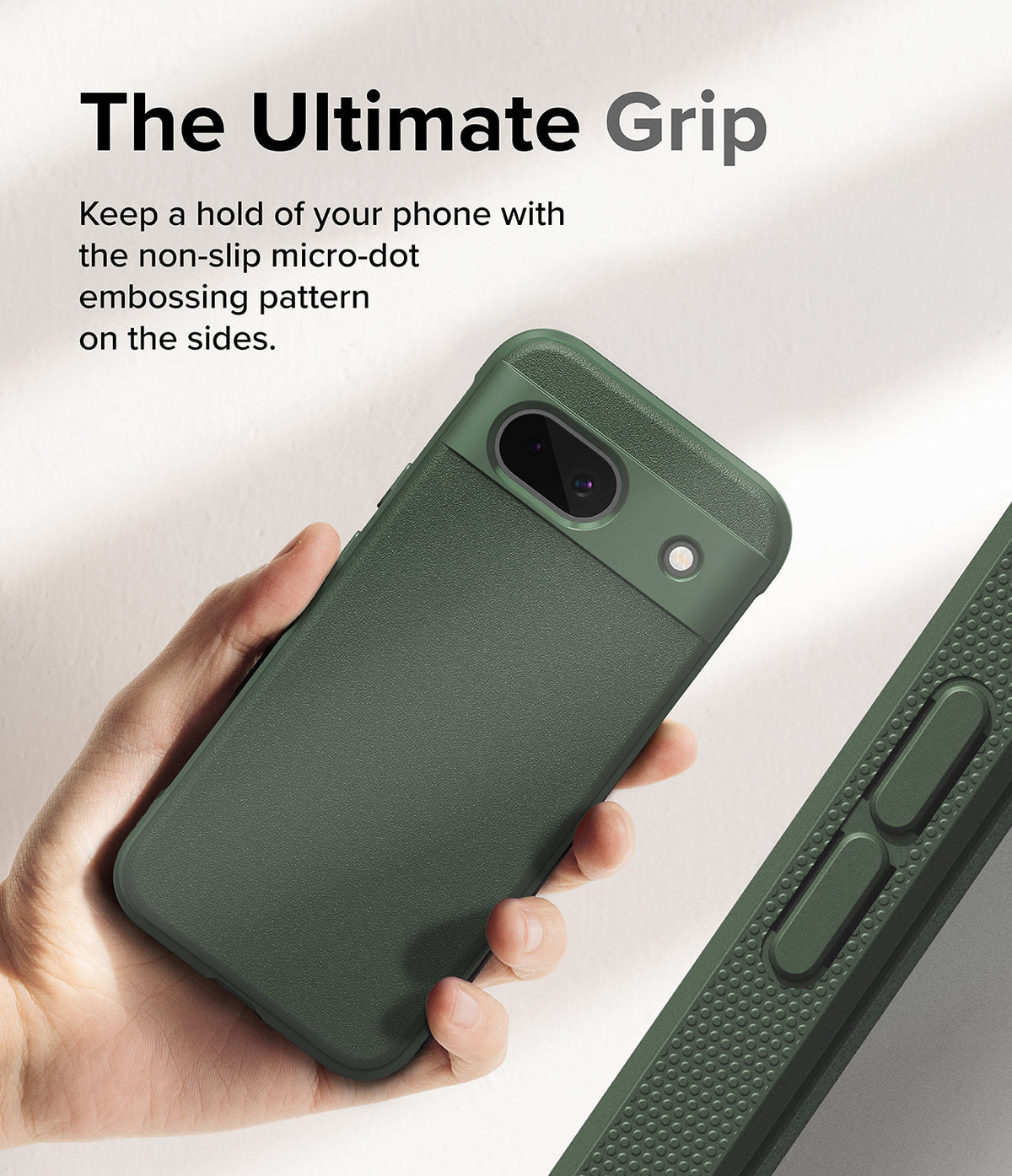 Google Pixel 8a Case | Onyx - Hand holding a dark green phone case with a textured back and micro-dot grip on the sides.