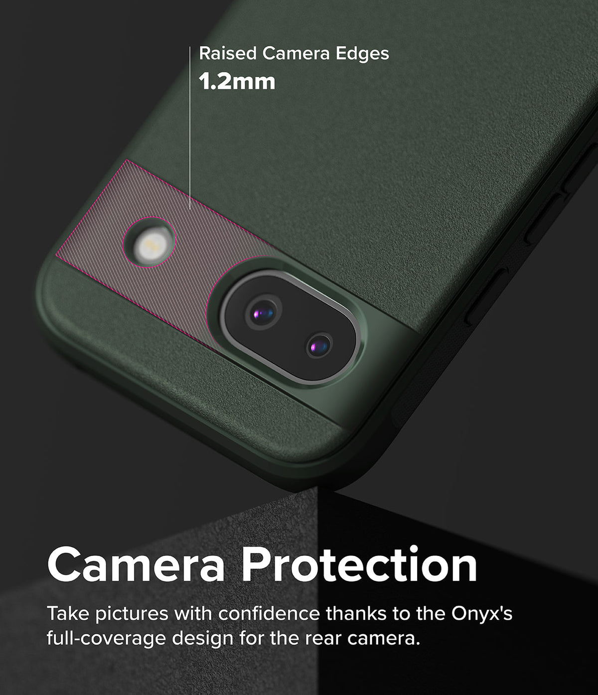 Google Pixel 8a Case | Onyx - Dark green phone case highlighting 1.2mm raised edges around the rear camera lenses.