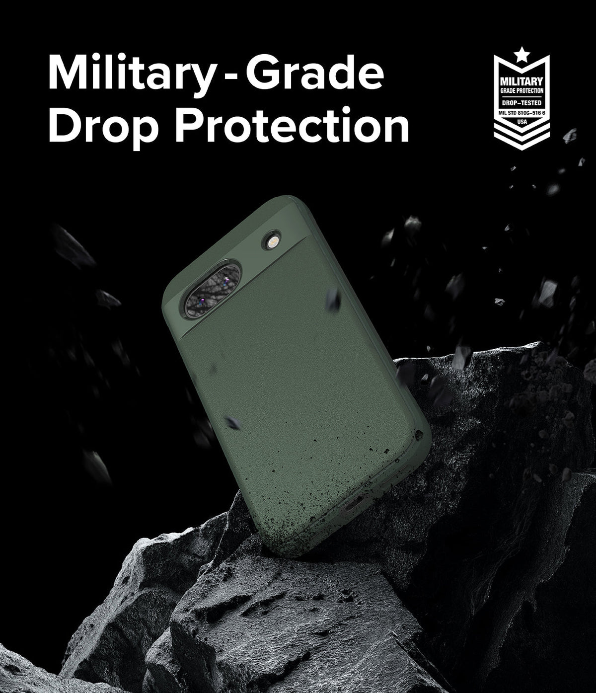Google Pixel 8a Case | Onyx - Olive green phone case floating above jagged black rocks with military-grade drop protection text.