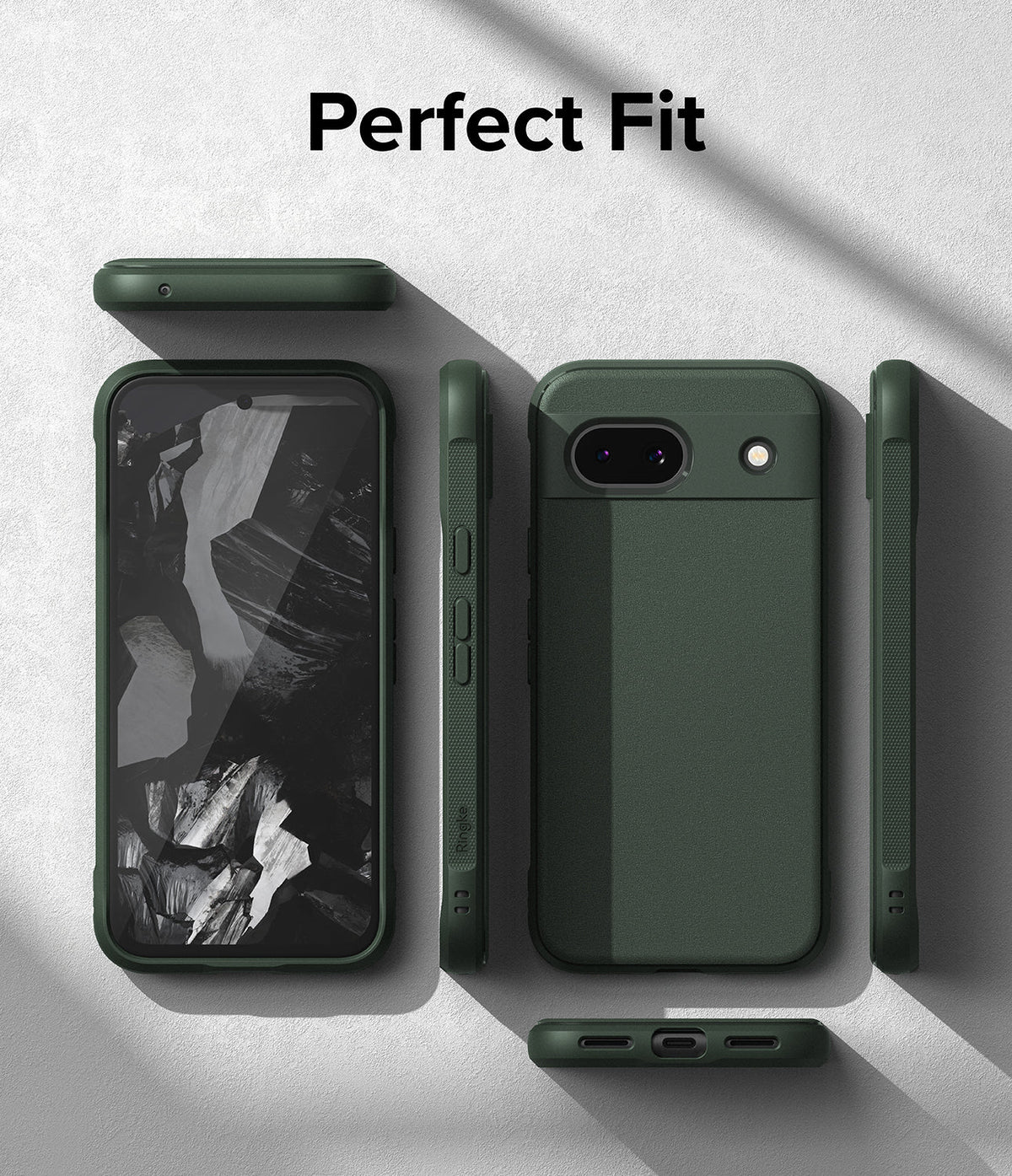 Google Pixel 8a Case | Onyx - Dark green phone case shown from front, back, and side angles on a textured gray background.