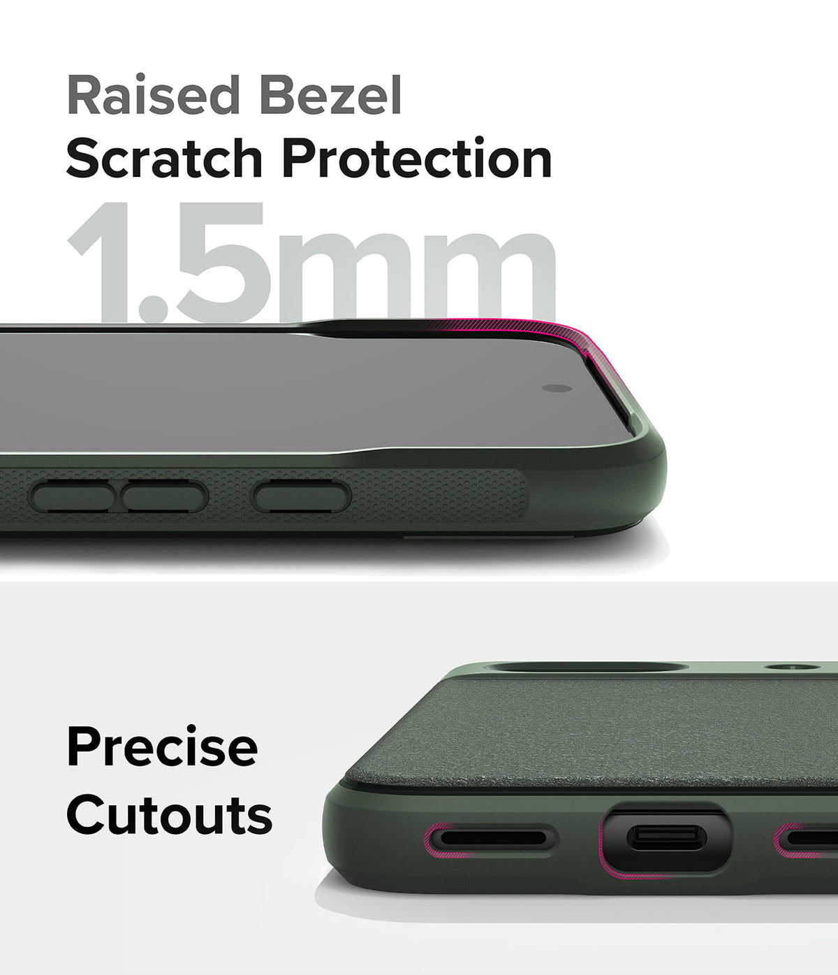Google Pixel 8a Case | Onyx - Close-up of phone case showing 1.5mm raised bezel and precise port cutouts.